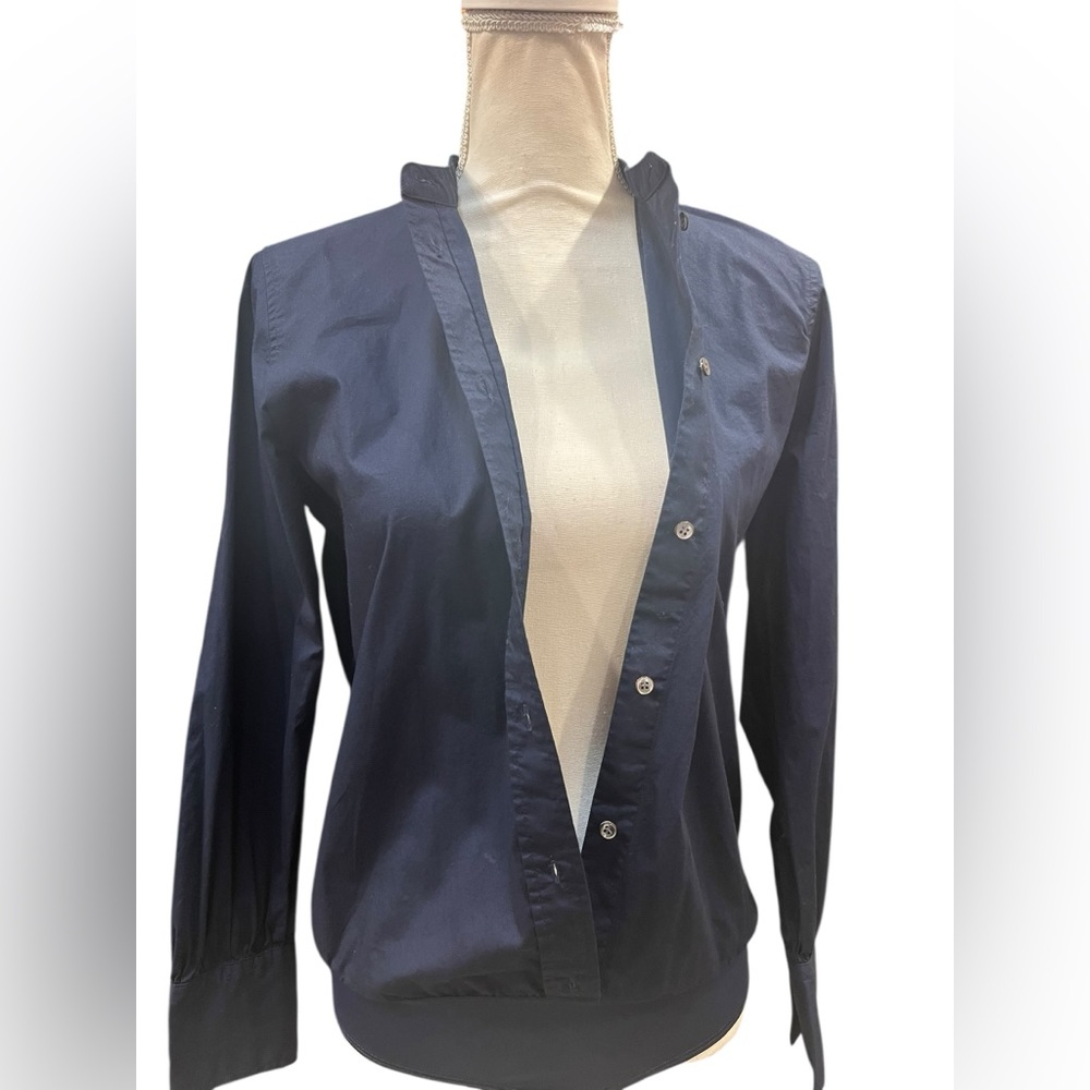 J.Crew Navy Button-Front Bodysuit Size 6 Band Collar Mixed Media Stretch Bottom - Picture 6 of 11